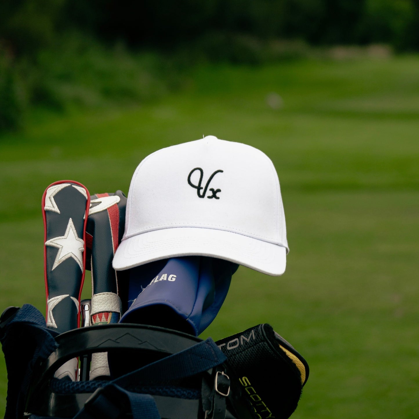 Men's White Golf Cap, on golf bag