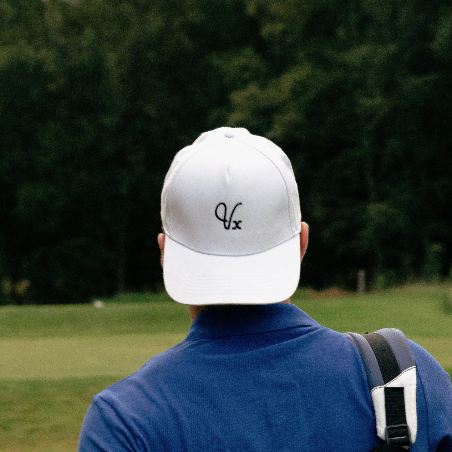 Men's White Golf Cap, backwards on head